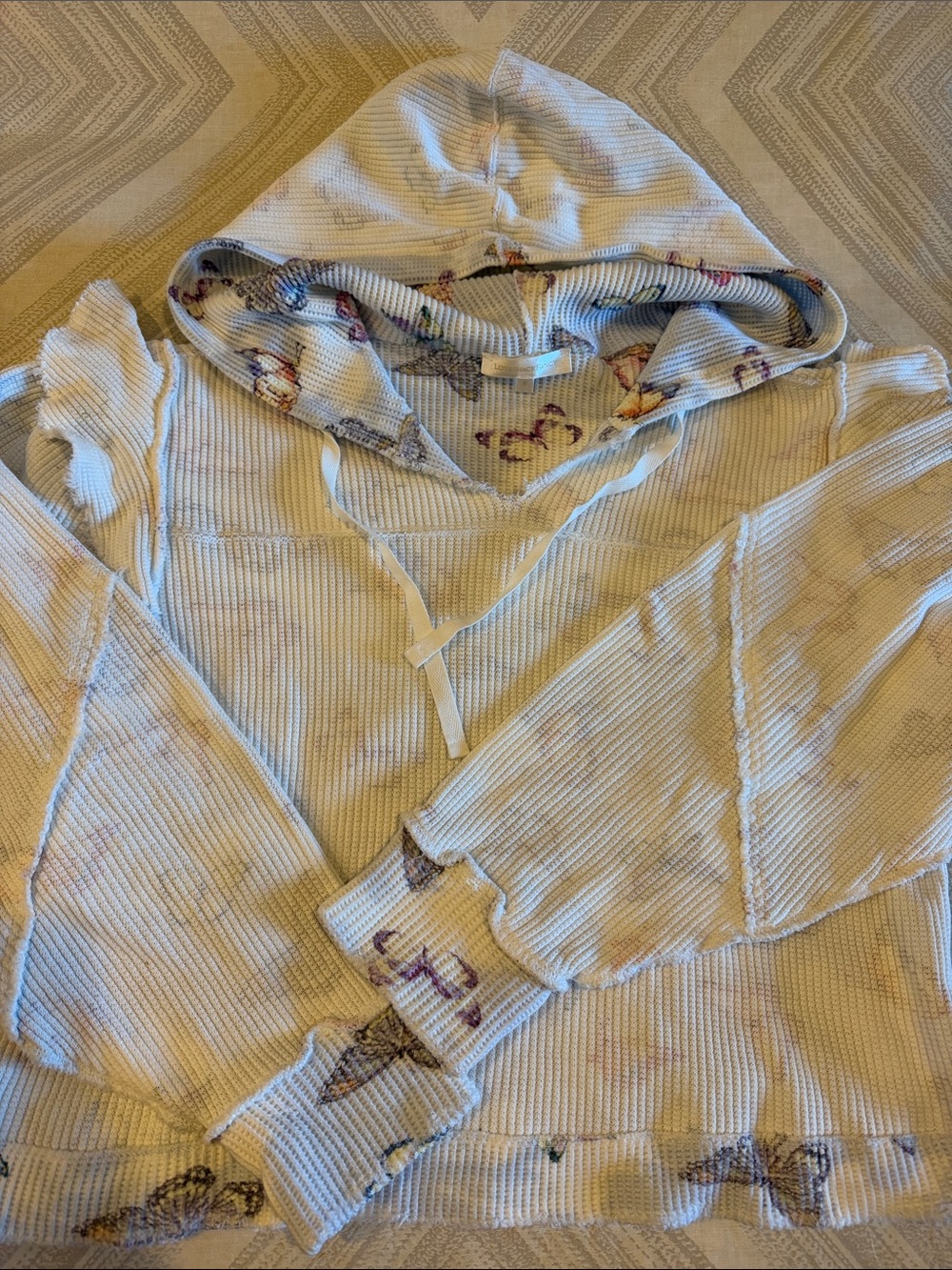 LoveShackFancy Cropped Hooded Sweatshirt Butterfly Print Ruffle White Women’s